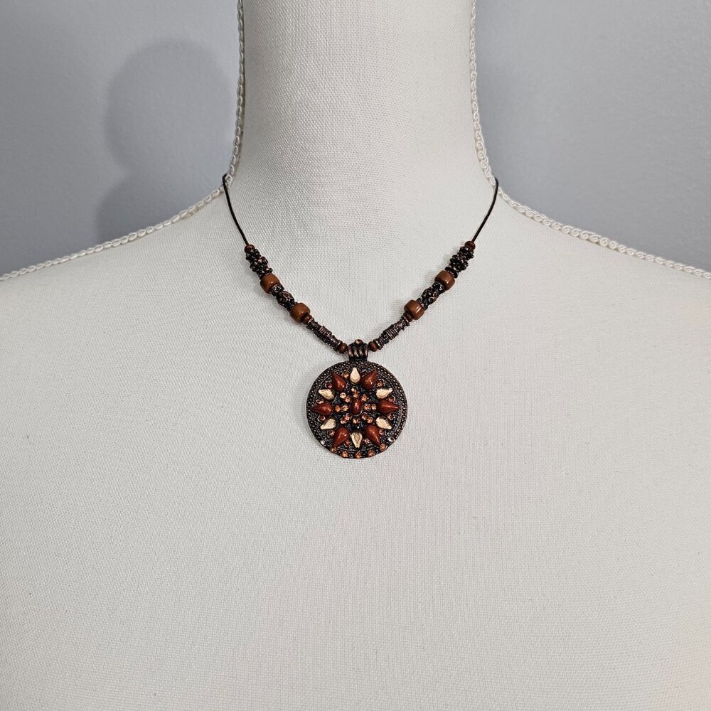 💎Vintage Round Sundial Mandela Bronze Tone Boho Pendant And Necklace